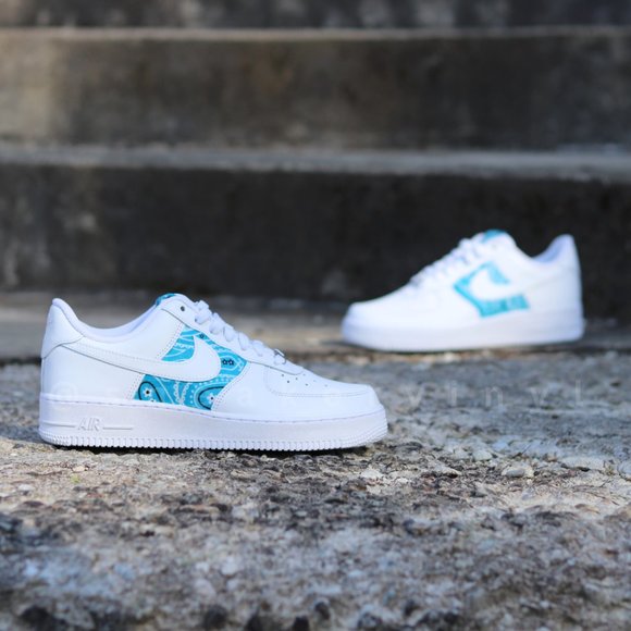 Nike Air Force 1 Low Aqua Blue Bandana Custom NWT - Picture 6 of 9